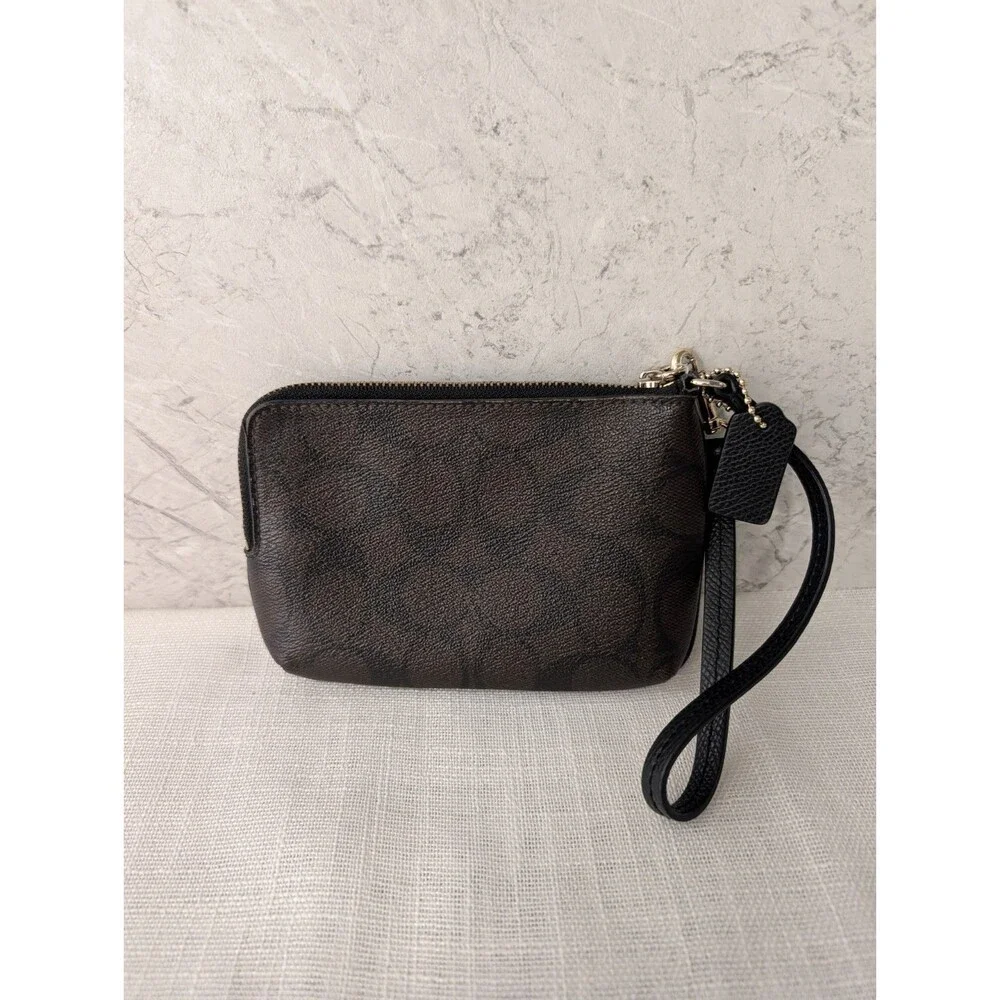 Coach Double Zip Wristlet/Wallet Signature Canvas Brown & Black